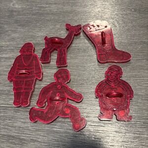 5 Vintage Red Plastic Christmas Cookie Cutters